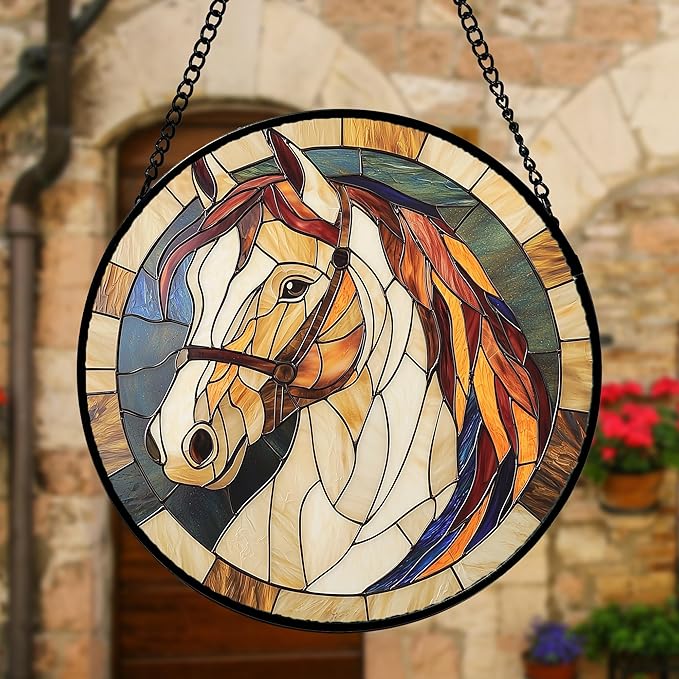DASTOLL Stained Glass Window Hanging, Animal Horse Colored Mane Sun Catchers Glass Panel Cool Suncatcher Decor for Birthday for Women, Men, Wife, Aunt, and Mom 9.8 in
