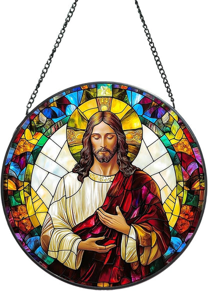 Suncatcher Stained Glass Window Hanging - Jesus Christ Glass Panel with Metal Chain and Hooks Handmade Sun Catcher Decoration for Window Garden Home Christmas & Birthday Gifts (6.3 Inch)