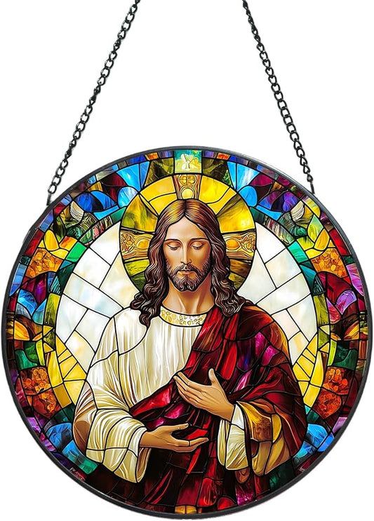 Suncatcher Stained Glass Window Hanging - Jesus Christ Glass Panel with Metal Chain and Hooks Handmade Sun Catcher Decoration for Window Garden Home Christmas & Birthday Gifts (6.3 Inch)