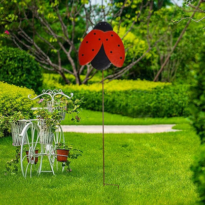 Garden Decor Metal Yard Stakes Spring Lawn Art Decorative Plant Stake Indoor Outdoor Ornaments Decoration for Patio Pathway Backyard (Ladybug)