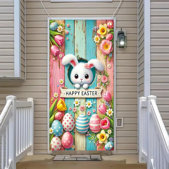 Happy Easter Door Cover Decoration Easter Eggs Bunny Door Banner Backdrop Photography Welcome Spring Outdoor Indoor Home Decors Supplies Party Decorations 70.8 x 35.4 inch