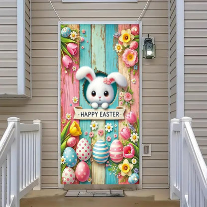 Happy Easter Door Cover Decoration Easter Eggs Bunny Door Banner Backdrop Photography Welcome Spring Outdoor Indoor Home Decors Supplies Party Decorations 70.8 x 35.4 inch