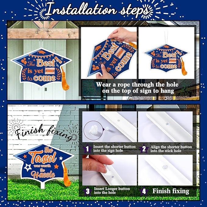 Chunful 12 Pack Graduation Yard Signs Grad Decoration 2026 Happy Graduate Lawn Garden Sign with Stake Congrats Outdoor Plastic Cap Hanging Ornament for Class Pathway Walkway Porch Party(Blue Orange)