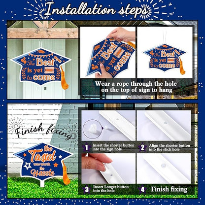 Chunful 12 Pack Graduation Yard Signs Grad Decoration 2026 Happy Graduate Lawn Garden Sign with Stake Congrats Outdoor Plastic Cap Hanging Ornament for Class Pathway Walkway Porch Party(Blue Orange)
