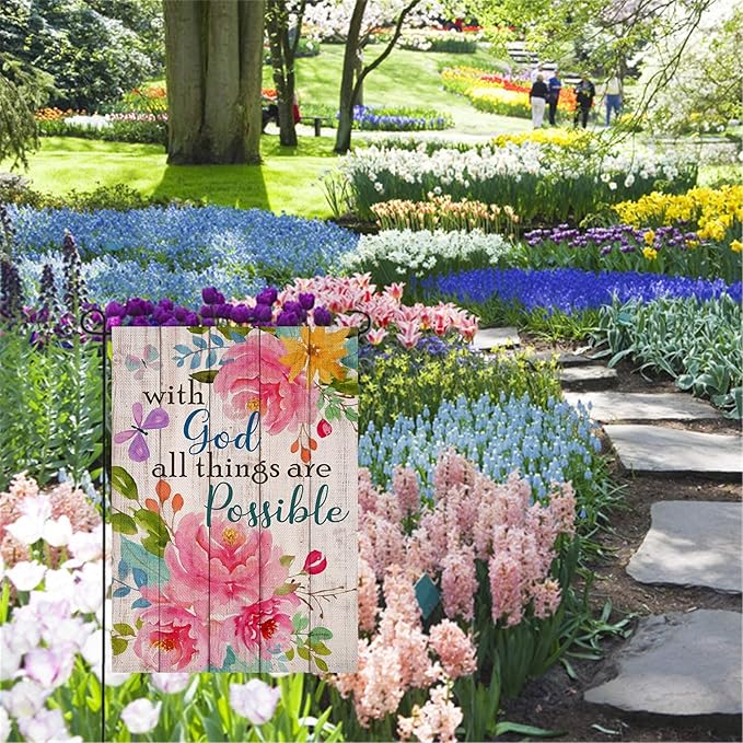 Artofy with God all Things are Possible Christian Home Decorative Garden Flag, Spring Summer Religious House Yard Outdoor Peony Flower, Inspirational Butterfly Outside Farmhouse Small Decor 12 x 18