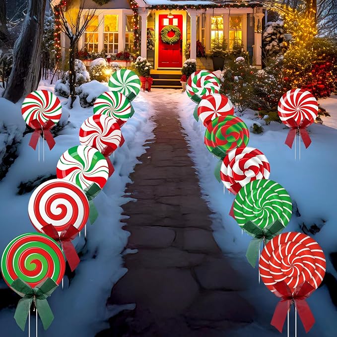 15 Pcs Christmas Outdoor Yard Signs Candy Decorations Outdoor Christmas Decorations Xmas Yard Lollipop Candy Hanging Ornaments Stakes Holiday Garden Sign Cardboard for Party Porch Lawn Walkway Decor