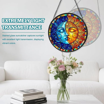 Sun and Moon Stained Glass Window Hanging, Suncatcher for Window Hanging, Moon Sun Catchers Indoor Windows Wall Art for Mom Grandma, Christmas Thanksgiving Gift, for Home Garden Office 7.87 inches
