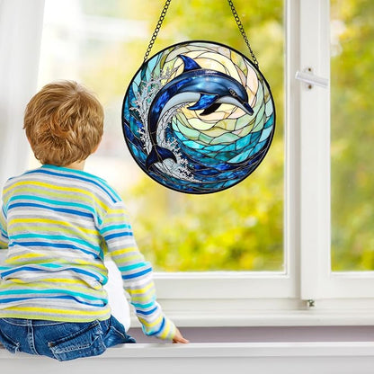 Dolphin Stained Glass Suncather for Window Hanging with Ocean Wave, 6.3'' Blue Dolphin Ornament Gift for Women, Ocean-Themed Home Decor Gift for Beach & Sea Lovers (Blue Dolphin, 6.3'')