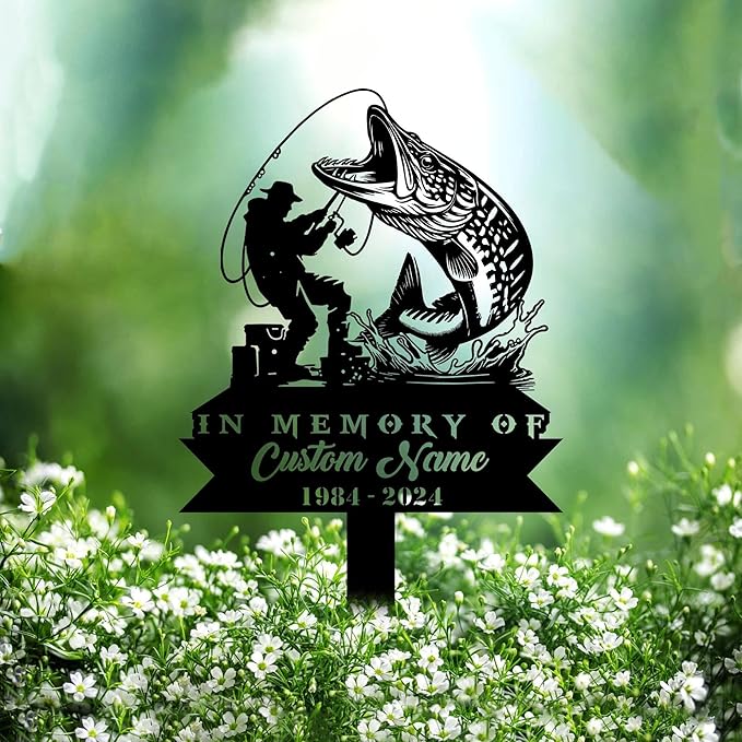 Custom Northern Pike Fishing Metal Memorial Stake Personalized Fisherman Catching Fish Grave Marker Name Sign Fisher Remembrance Stake Decor,Memorial Statue Sign for Garden Outdoor Outside Yard Decor.