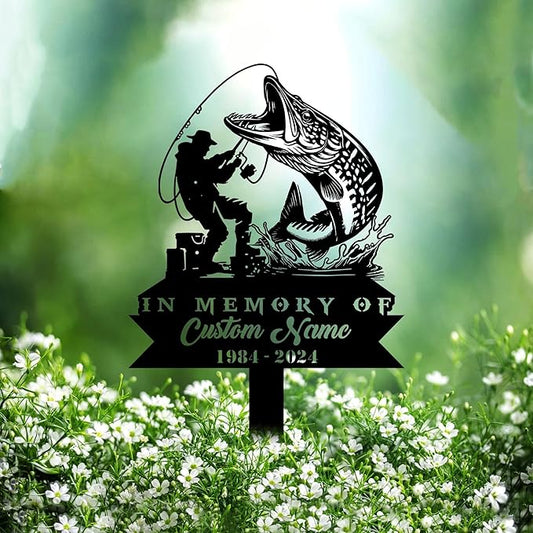 Custom Northern Pike Fishing Metal Memorial Stake Personalized Fisherman Catching Fish Grave Marker Name Sign Fisher Remembrance Stake Decor,Memorial Statue Sign for Garden Outdoor Outside Yard Decor.