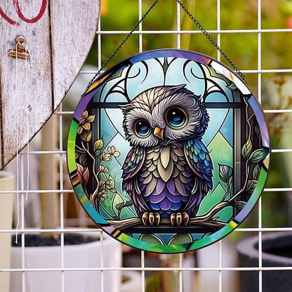 Baby Owl Suncatcher Stained Glass,Hanging Stained Glass for Windows for Animal Lovers,20cm/7.87inch Hand-Painted Sun Catcher Garden Hangings Ornaments Halloween Fall Christmas Decor for Home