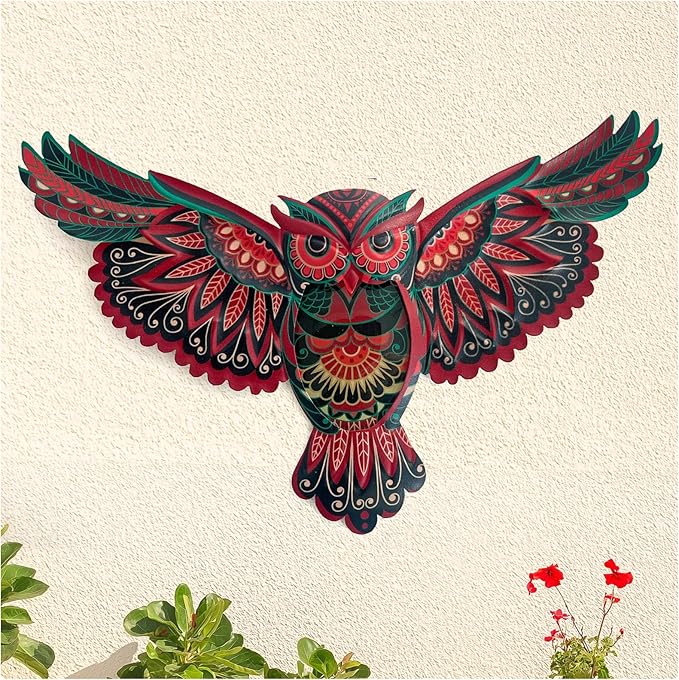 LIFFY Boho Metal Owl Wall Decor - Unique Outdoor Wall Art Decoration - 15" Glass Hanging Wall Owl Decor Brighten Up Patio, Porch or Door, Garden Decoration, Birthday Gift Ideas