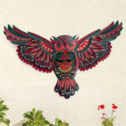 LIFFY Boho Metal Owl Wall Decor - Unique Outdoor Wall Art Decoration - 15" Glass Hanging Wall Owl Decor Brighten Up Patio, Porch or Door, Garden Decoration, Birthday Gift Ideas