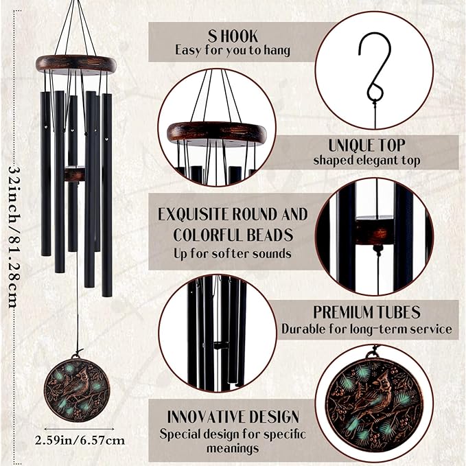 Cardinal Wind Chimes for Outside - Vintage Deep Tone Windchimes Outdoors Garden Yard Patio Indoor Balcony Hanging Decoration Birthday Memorial Sympathy Gifts for Women Men Mom Dad Grandma