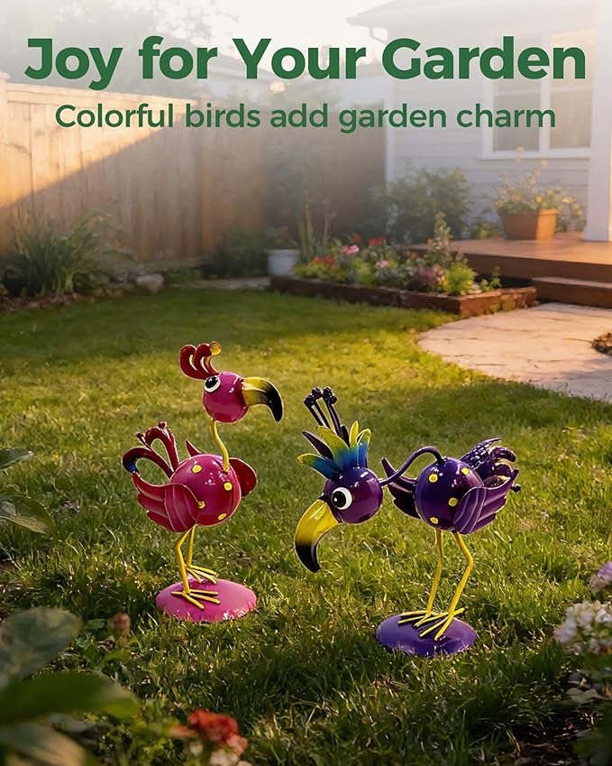 Whimsical Metal Bird Garden Statues Set of 2, Colorful Outdoor Yard Art with Stakes, Weather-Resistant Metal Bird Figurines for Garden Lawn Patio Decor, Cute Garden Gift