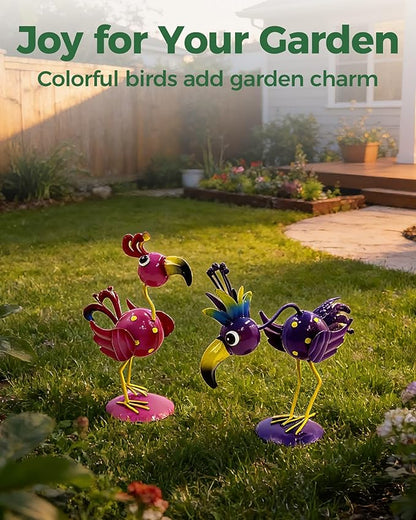 Whimsical Metal Bird Garden Statues Set of 2, Colorful Outdoor Yard Art with Stakes, Weather-Resistant Metal Bird Figurines for Garden Lawn Patio Decor, Cute Garden Gift