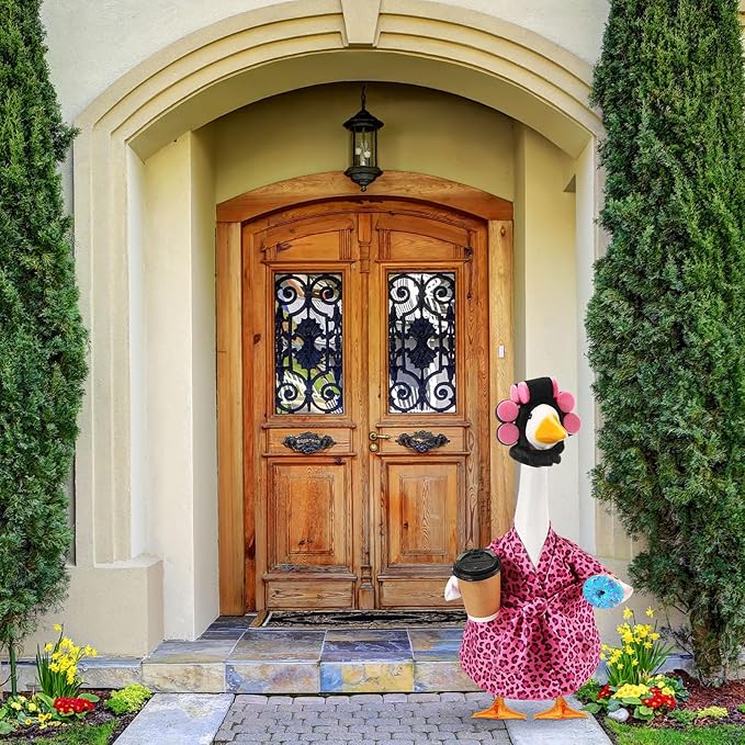 Shyyween Lady Porch Goose Outfit for 23'' Cement Plastic Lawn Goose Statue Clothes Pink Leopard Bathrobe Coffee Cup Curlers for Outdoor Garden Yard Patio Decoration