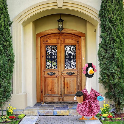 Shyyween Lady Porch Goose Outfit for 23'' Cement Plastic Lawn Goose Statue Clothes Pink Leopard Bathrobe Coffee Cup Curlers for Outdoor Garden Yard Patio Decoration