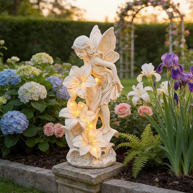 Angel Garden Statue Outdoor, Solar Powered Resin Garden Sculptures Fairy Angel Statues Waterproof LED Lights Yard Art Decorations for Outside Patio Lawn Ornament Gardening Gifts