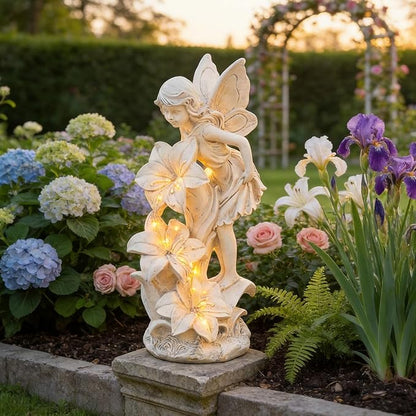 Angel Garden Statue Outdoor, Solar Powered Resin Garden Sculptures Fairy Angel Statues Waterproof LED Lights Yard Art Decorations for Outside Patio Lawn Ornament Gardening Gifts