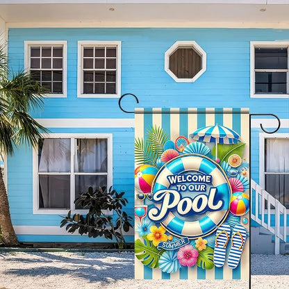 HOMETITUTE Welcome to Our Pool Summer Garden Flag 12x18 Inch Double Sided Summer Swimming Pool Yard Flag Palm Leaf ParasolParty Seasonal Farmhouse Banner Outdoor Decor Poolside