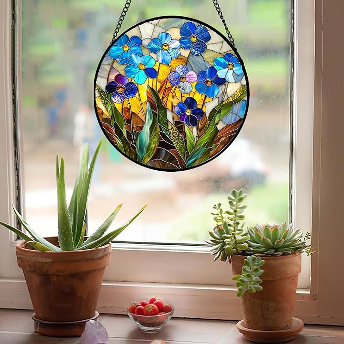 Stained Glass Window Hanging - Blue Wildflower Plant Flowers Sun Catcher for Door Garden Home Decor Suncatcher Christmas Mother's Day Birthday Gifts for Women Men Mom Nana 9.8 in