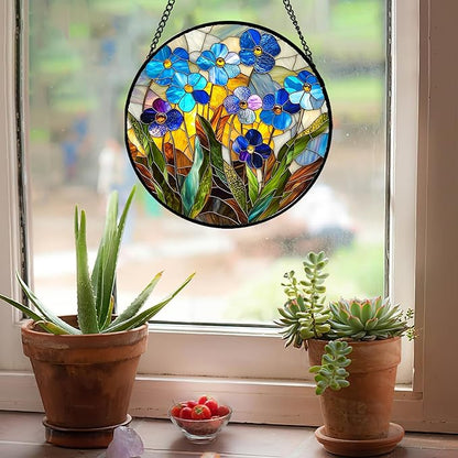 Stained Glass Window Hanging - Blue Wildflower Plant Flowers Sun Catcher for Door Garden Home Decor Suncatcher Christmas Mother's Day Birthday Gifts for Women Men Mom Nana 9.8 in