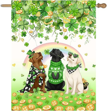 St Patricks Day Dog House Flag 28 x 40 Double Sided Outside White Chocolate Black Lab Garden Banner Labrador Yard Signs for Saint Patrick Spring Outdoor Decorative