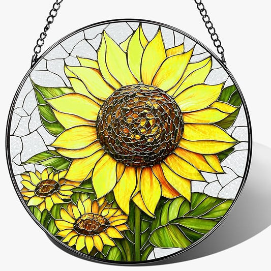 8-Inch Stained Glass Ornament, Stained Glass Window Hanging, Sunflower Ornament, Window Hanging Decor Suncatcher | Mother's Day, Christmas, Birthday, Gifts for Sunflower Plant Lovers