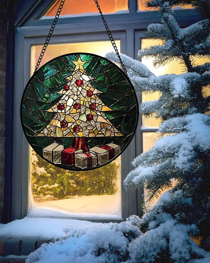 Stained Glass Window Hanging - Golden Christmas Tree Suncatcher for Doors Home Christmas Decoration Winter Sun Catcher Thanksgiving New Year Birthday Gifts for Women Men Mom Nana Girl 7.8 in