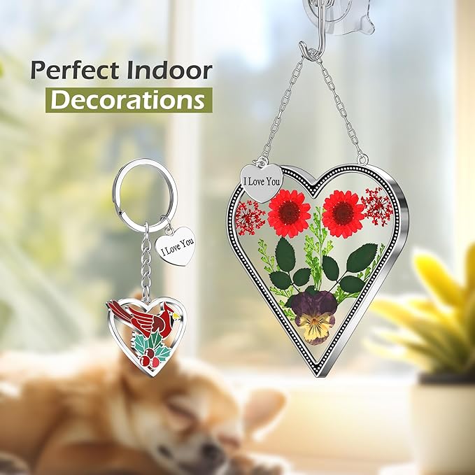 KY&BOSAM Heart Suncatcher I Love You Stained Glass Wind Chime for Windows Pressed Flower Between Heart in Glass and Metal Engraved Charm Birthday Gift for Women Mom Mother's Day Valentine's Christmas