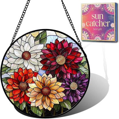 Birthday Gifts for Women - Colorful Flowers Faux Stained Glass Window Hanging Sun Catcher for Door Garden Acrylic Decor Mother's Day Christmas for Mom Nana Grandma Sisters Wife 7.8"