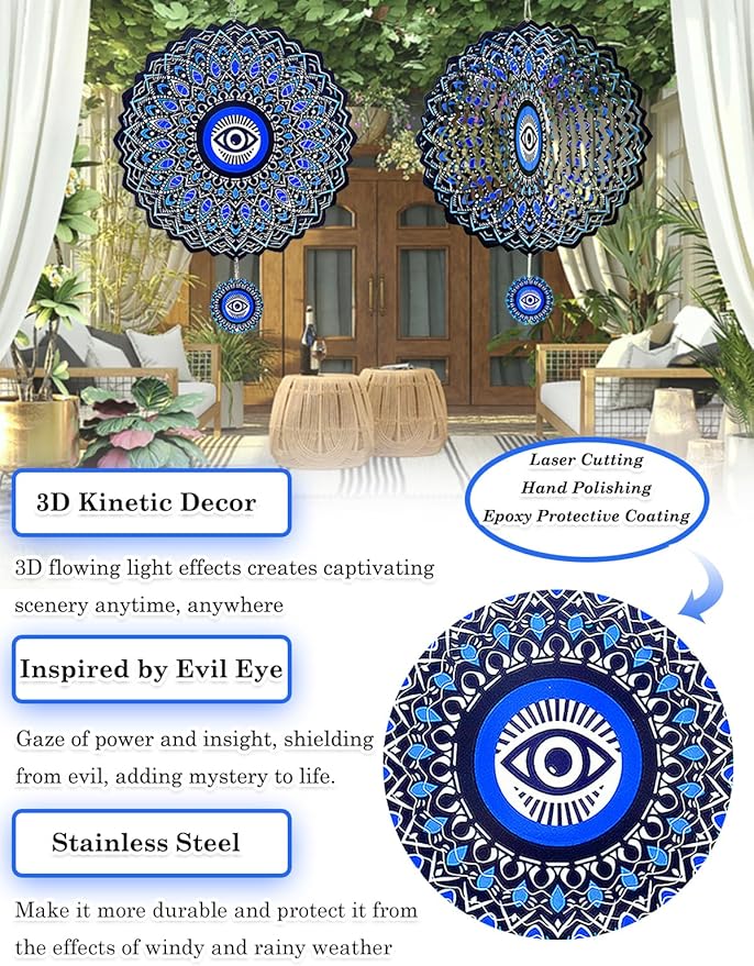 Evil Eye Wind Spinners Outdoor Garden Decor for Outside - 12 Inch 3D Stainless Steel Metal Wind Spinners - Evil Eye Gardening Gifts for Women, Yard Decorations Outdoor Hanging Decor