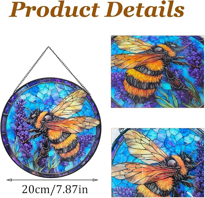 Bee Lavender Handmade Stained Glass Window Hanging Suncatcher,Sun Catchers Diamond Glass Panel Hangings Insect Suncatcher Decor for Home Garden, Wedding, Mother's, Valentine's