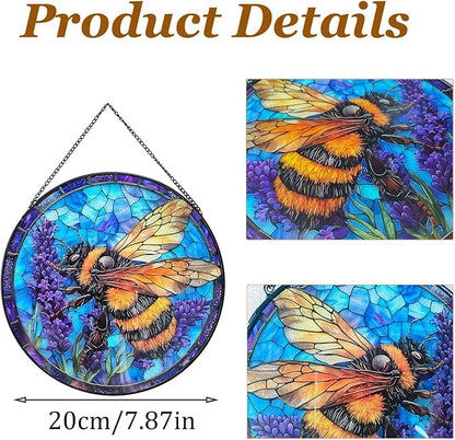 Bee Lavender Handmade Stained Glass Window Hanging Suncatcher,Sun Catchers Diamond Glass Panel Hangings Insect Suncatcher Decor for Home Garden, Wedding, Mother's, Valentine's