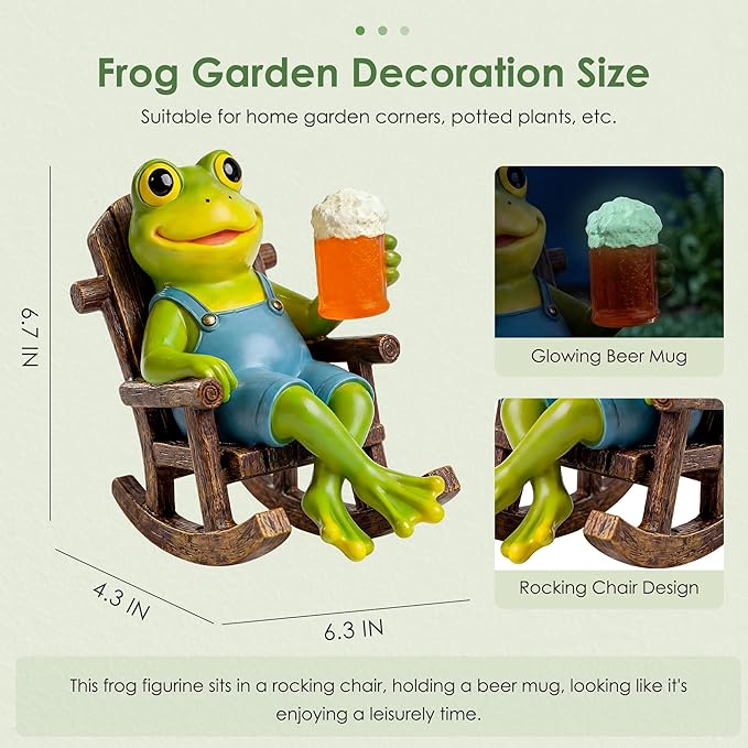 Flytime Frog Garden Decor, Outdoor Garden Statue,Frog on Rocking Chair,Suitable for Indoor and Outdoor Patios, Gardens, Flowers, and Lawns, A Whimsical Decoration(Beer)