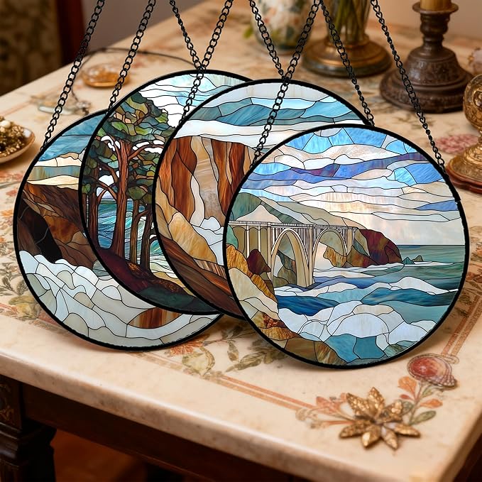DASTOLL Stained Glass Window Hanging 4 Pcs Set Ocean Waves 9.8" - Blue and White Sea Suncatcher Door Garden Sun Catcher Decor Birthday Christmas for Mom Woman Nana Men