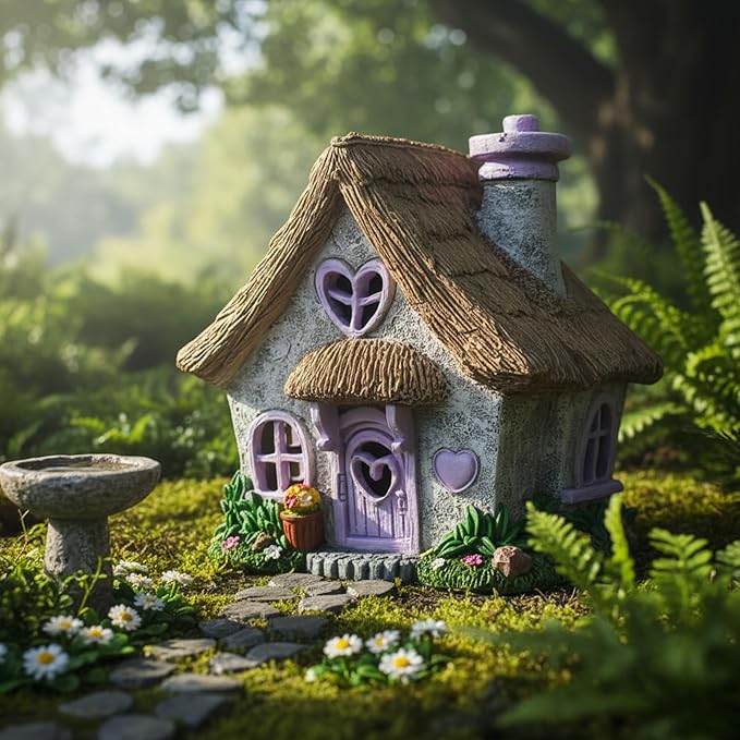 PRETMANNS Fairy House for Outside with Solar Powered LED Lights for Garden - Fairy Garden Houses for Outdoor - Miniature Accessories for Cottage Decor for Village - 7.56” High, Lavender