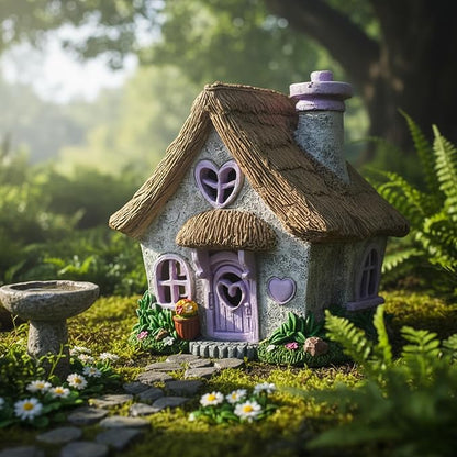 PRETMANNS Fairy House for Outside with Solar Powered LED Lights for Garden - Fairy Garden Houses for Outdoor - Miniature Accessories for Cottage Decor for Village - 7.56” High, Lavender
