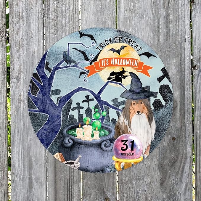 Retro Metal Sign 12"x12",Happy Halloween Scary Night Grave Witch Bats Trick Or Treat Dog Aluminum Tin Metal Sign for Home Living Room Bedroom Garden Farm Patio Decor Wall Art Poster