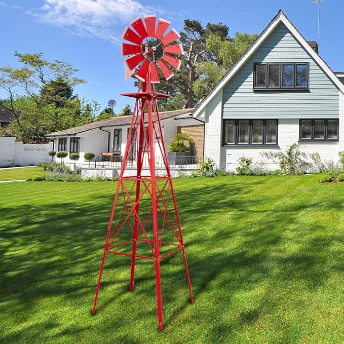 Metal Windmill for Garden Yard Decor, 8ft Tall Windmill Pinwheels Outdoor with Spinning Blades, Weather Vanes Lawn Ornaments, Weather-Resistant, Red