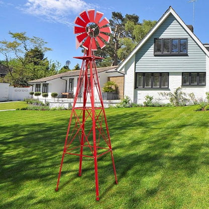 Metal Windmill for Garden Yard Decor, 8ft Tall Windmill Pinwheels Outdoor with Spinning Blades, Weather Vanes Lawn Ornaments, Weather-Resistant, Red