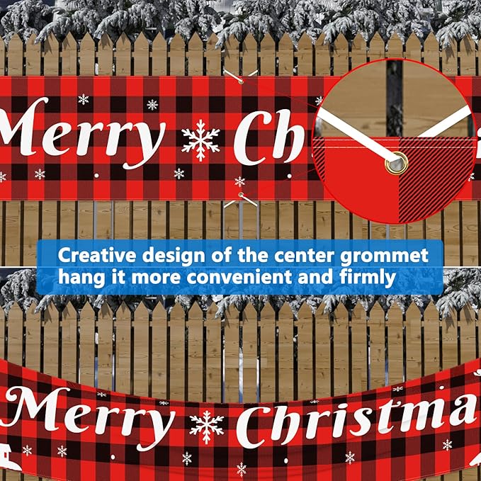 Probsin Large Merry Christmas Banner 120" x 20" Double Printed Xmas Decoration Red Buffalo Plaid Hanging Huge Sign Holiday Party Supplies Home Decor for Outdoor,Indoor,Yard,Garden,Porch,Lawn