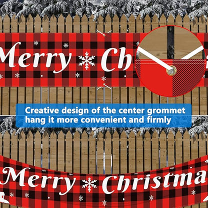 Probsin Large Merry Christmas Banner 120" x 20" Double Printed Xmas Decoration Red Buffalo Plaid Hanging Huge Sign Holiday Party Supplies Home Decor for Outdoor,Indoor,Yard,Garden,Porch,Lawn