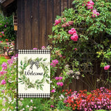 Welcome Spring Summer Garden Flags, Eucalyptus Wreath Outdoor Flags for Garden, Spring Summer Flowers Buffalo Plaid Farmhouse Yard Lawn Porch Flag for Outside Decor 12x18 Inch Double Sided