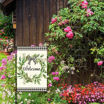 Welcome Spring Summer Garden Flags, Eucalyptus Wreath Outdoor Flags for Garden, Spring Summer Flowers Buffalo Plaid Farmhouse Yard Lawn Porch Flag for Outside Decor 12x18 Inch Double Sided