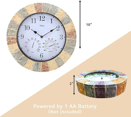 Lily's Home Hanging Wall Clock, Includes a Thermometer and Hygrometer and is Ideal for Indoor and Outdoor Use, Faux-Stone (10 Inches)