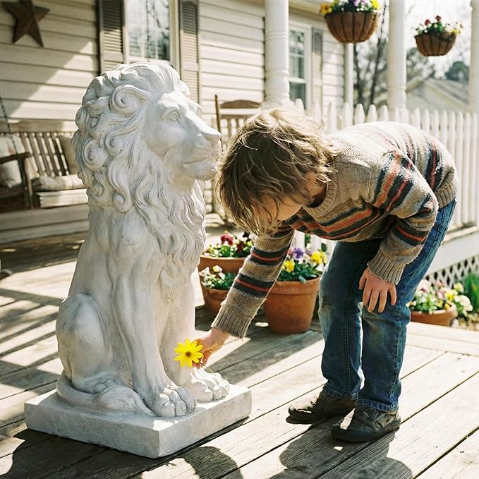 Sculptures Garden Statues, Outdoor Lion Statue 27in Tall, Magnesium Oxide Stone Composite Animal Sculpture Statue Decor for Home Decor Yard Patio Garden, White