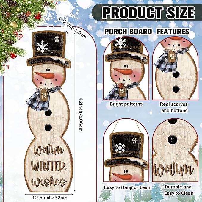 Winter Snowman Porch Sign Wooden Porch Decor Winter Christmas Nutcracker Snowman Front Door Welcome Standing Sign for Xmas Farmhouse Outdoor Yard Wall Hanging Decorations(42 Inch,Rustic)