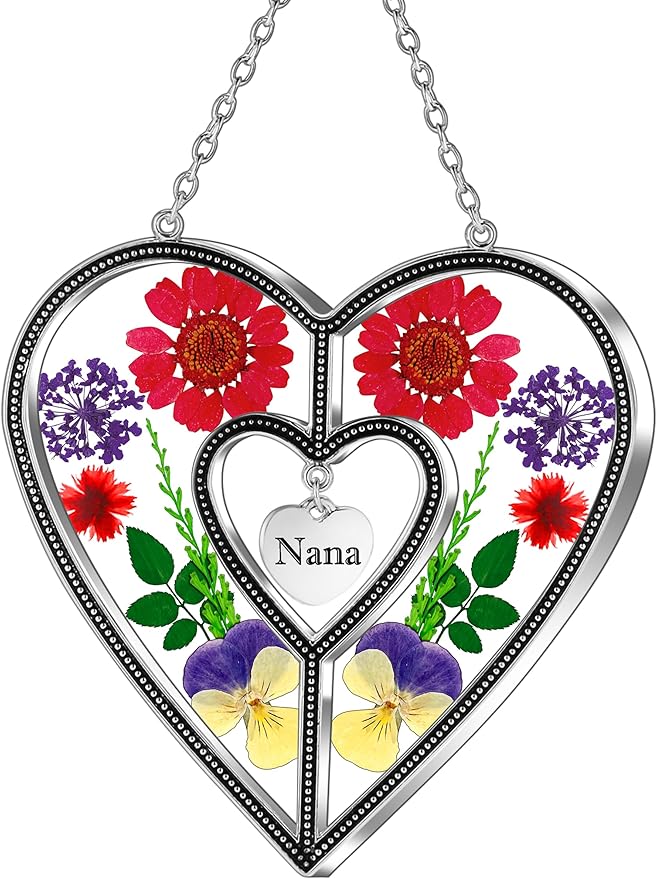 KY&BOSAM Nana Heart Suncatcher Stained Glass Panel Suncatchers for Windows Hangings Ornament Wind Chimes Pressed Flower Embedded in Glass and Heart Charm Birthday Gifts for Nana Mothers Day Home Decor
